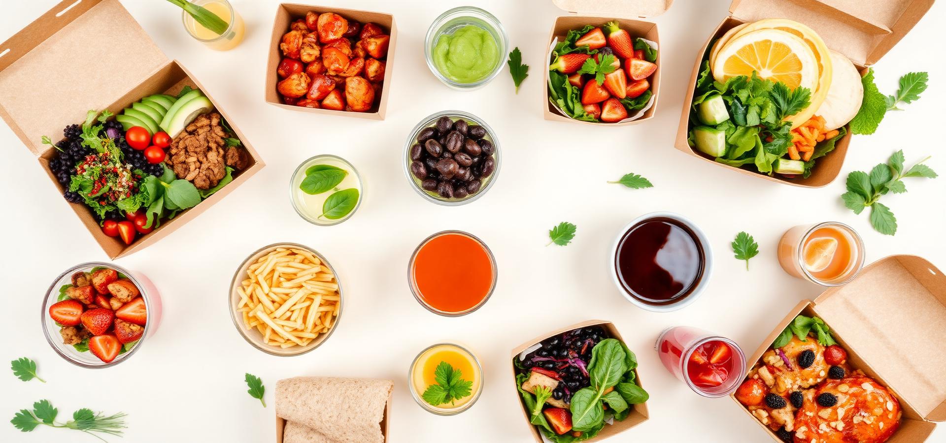 Assorted healthy meal boxes and juices