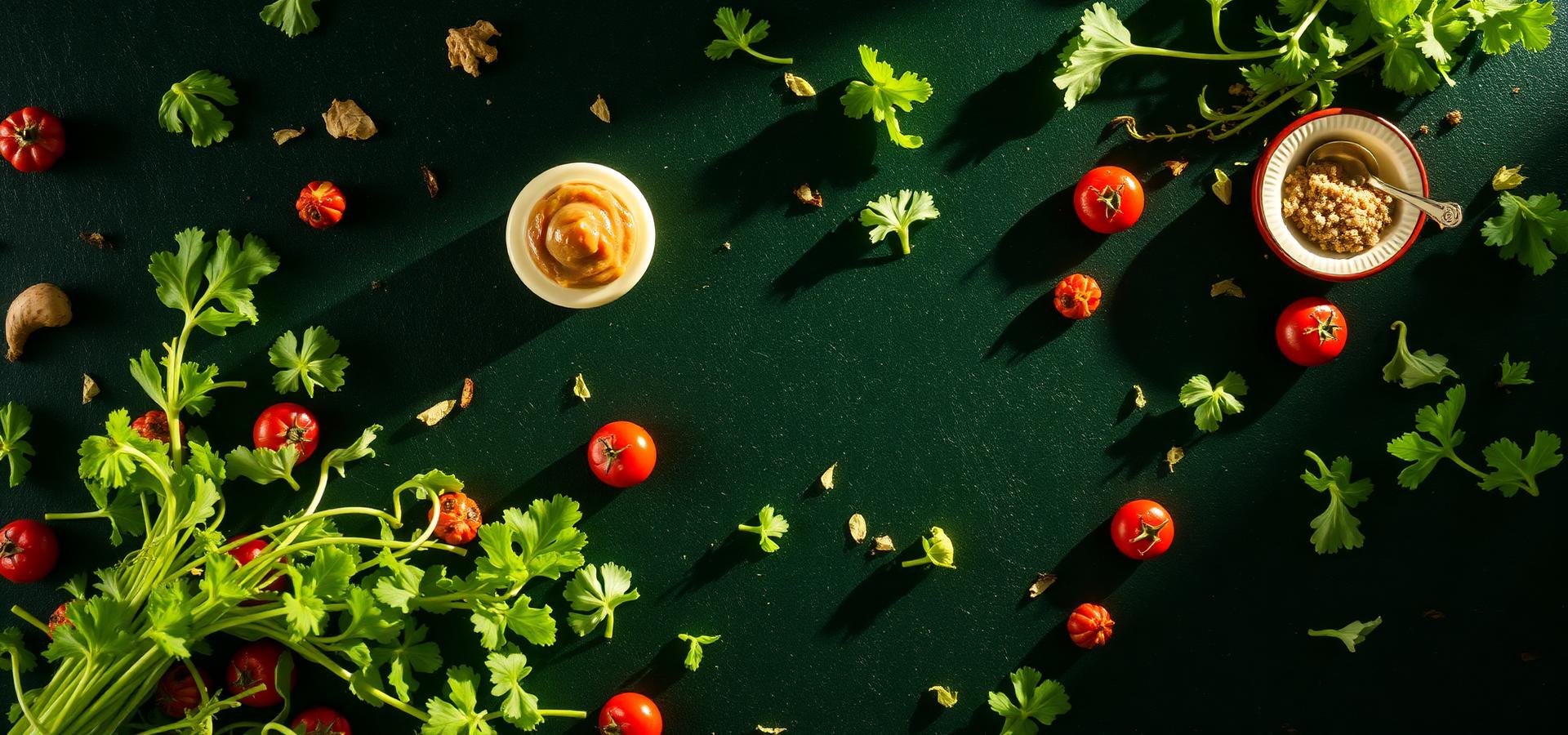 Fresh salad ingredients on a dark green surface