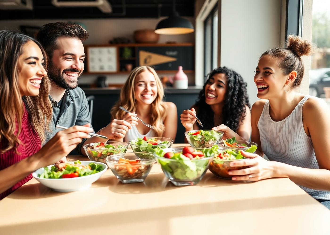 Happy customers sharing salads at BiteRight