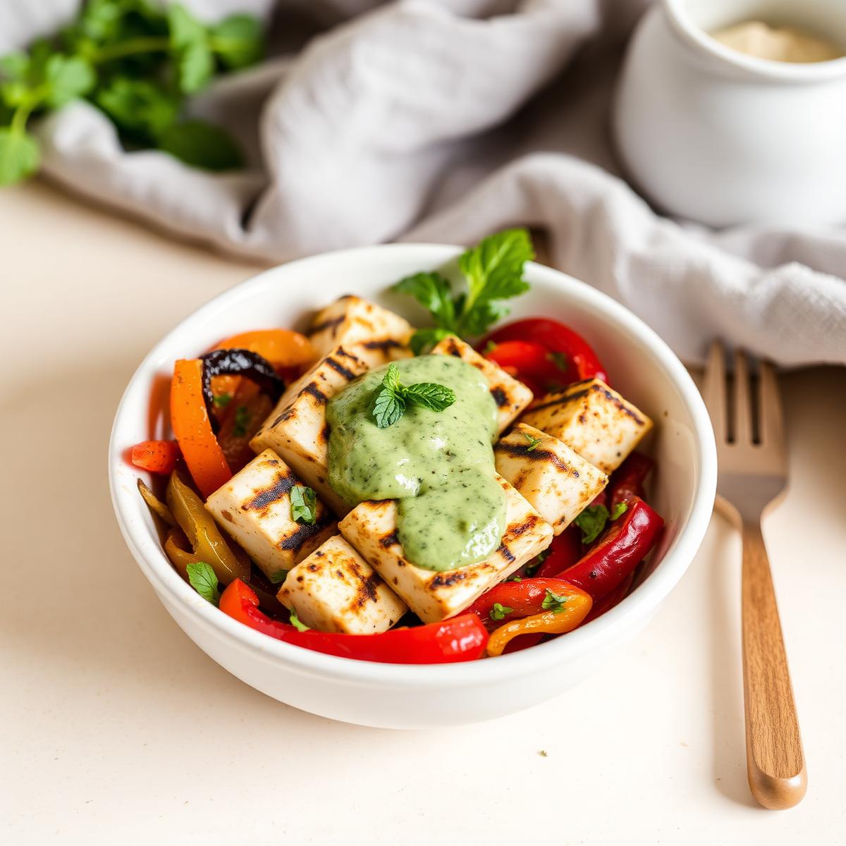 Grilled paneer tikka bowl with mint chutney